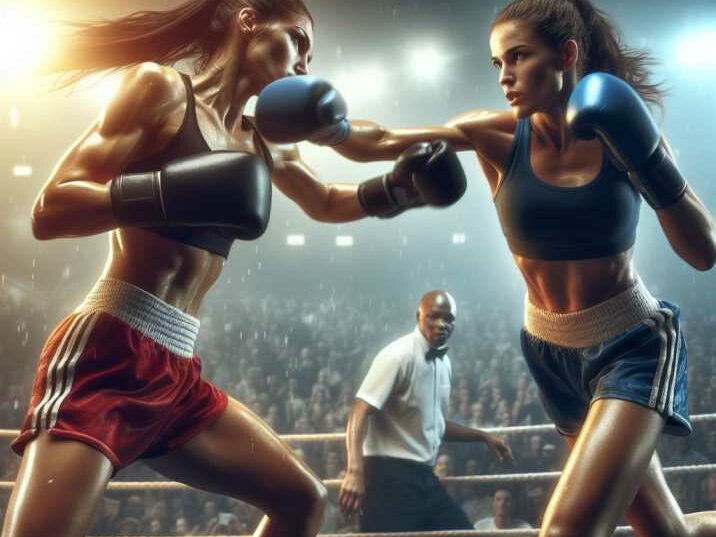 Two female boxers engage in a thrilling match as the crowd looks on with anticipation.