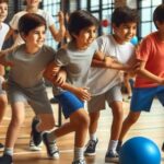 A group of children playing dodgeball in a gymnasium