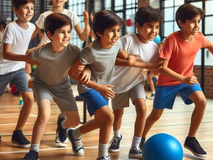 A group of children playing dodgeball in a gymnasium