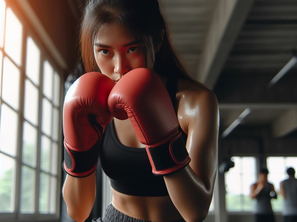 A female boxer practicing punches in the gym