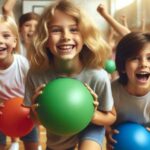 Group of children playing dodgeball in a gymnasium