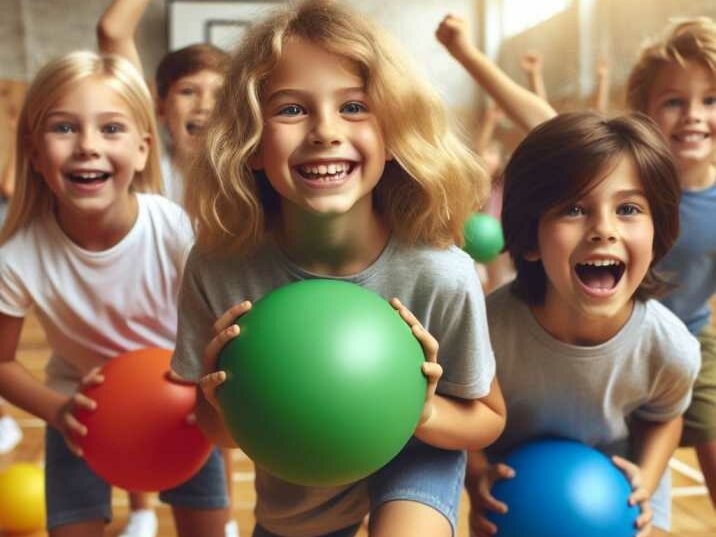 Group of children playing dodgeball in a gymnasium