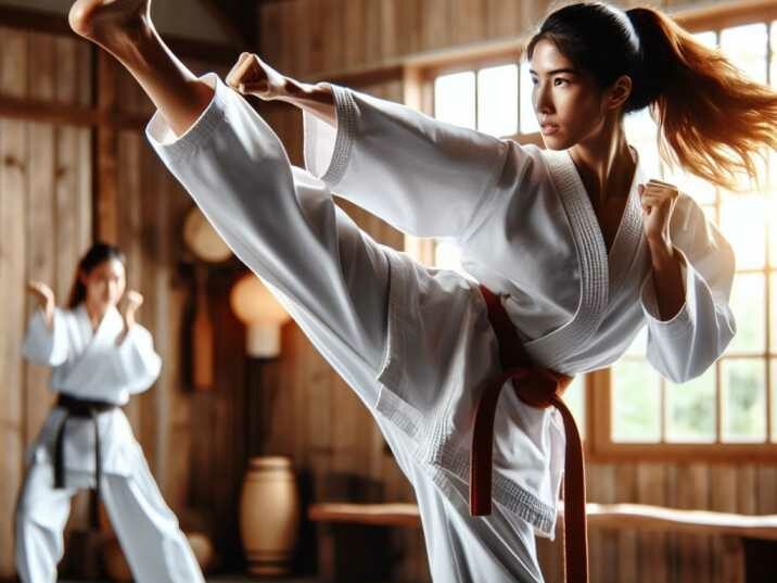 Karate practitioner practicing a high kick.