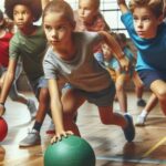 A group of children playing dodgeball for Dodgeballs arranged on a court surface for Cardiovascular Workout