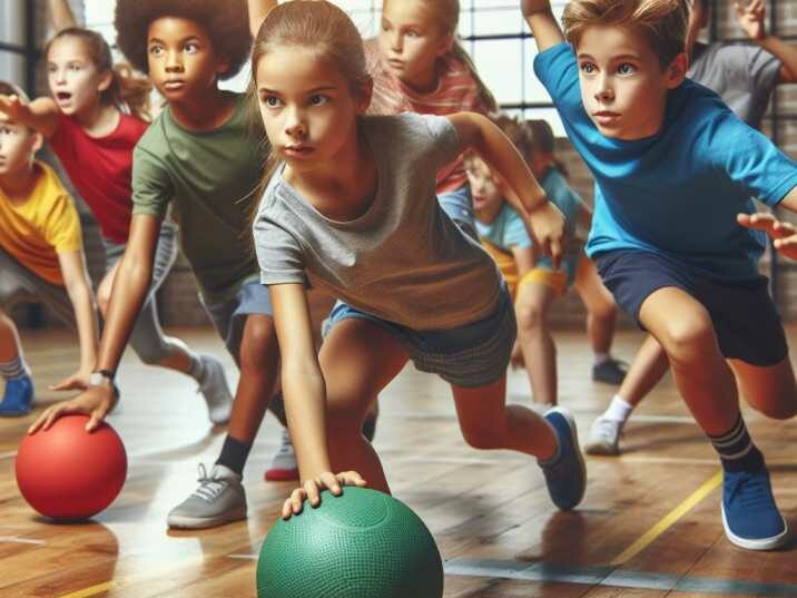 A group of children playing dodgeball for Dodgeballs arranged on a court surface for Cardiovascular Workout