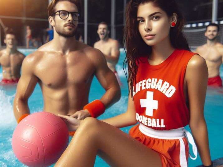 Lifeguard supervising dodgeball game in pool