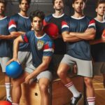 Dodgeball team wearing matching jerseys, showcasing team spirit and unity.