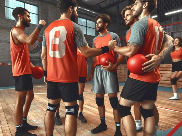 Dodgeball players from opposing teams congratulate each other after a match, smiling and exchanging high-fives.