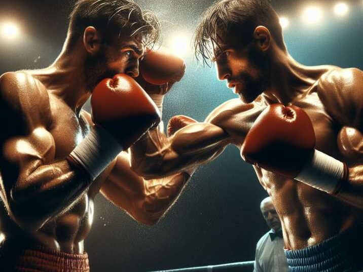 Two male boxers exchanging punches in the boxing ring, demonstrating power and precision.