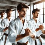 Karate practitioners practicing kata in a dojo