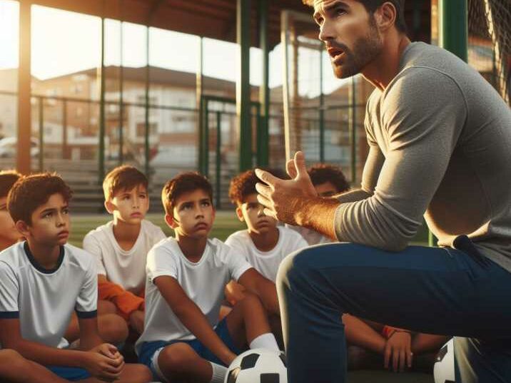 A coach speaking to a group of young athletes about Prevent Cheating in Dodgeball Games