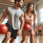 A couple playing dodgeball with balls in a gymnasium.