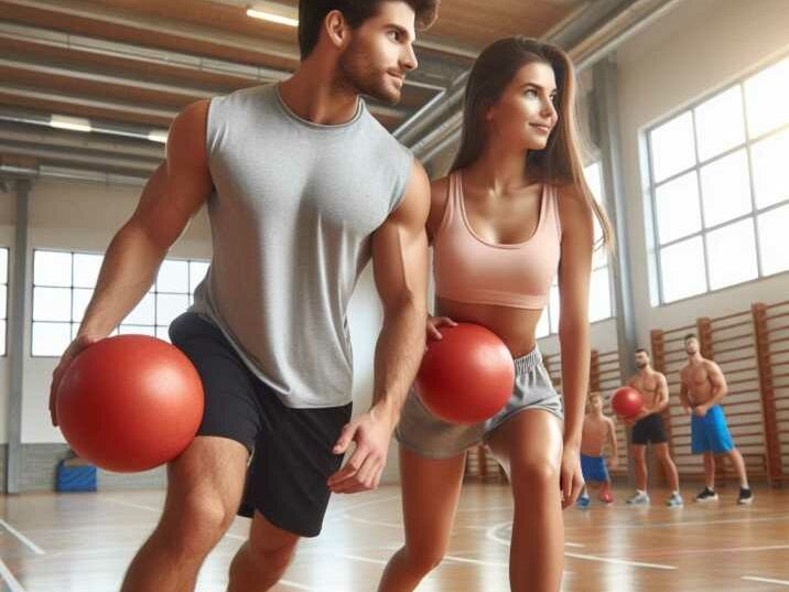 A couple playing dodgeball with balls in a gymnasium.