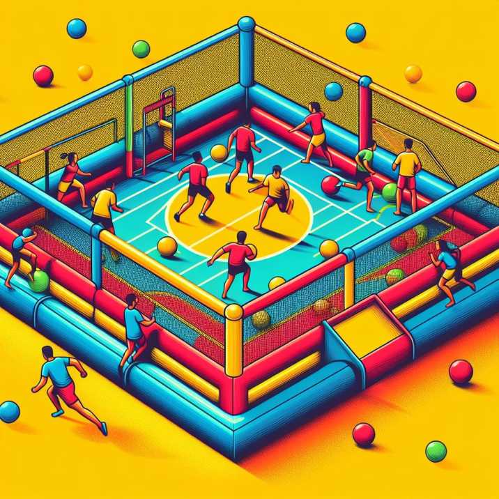 Colorful image of players enjoying a Gaga Ball game in a contained pit as Traditional Dodgeball