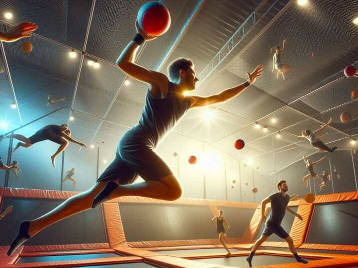 Players engaged in trampoline dodgeball, bouncing and throwing balls in a brightly lit indoor arena.