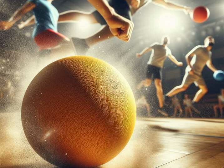 Close-up of a dodgeball being thrown mid-air during a game.