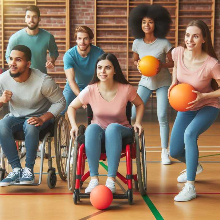 A group playing, including dodgeball for individuals with disabilities