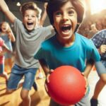 Kids playing dodgeball in a gymnasium.