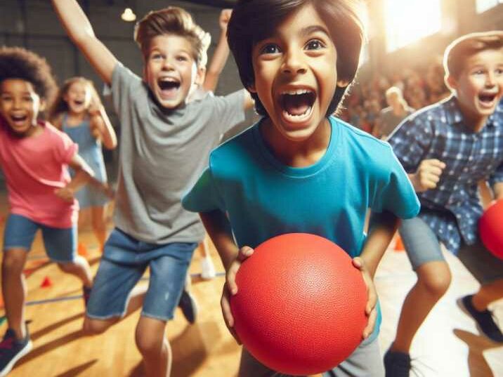 Kids playing dodgeball in a gymnasium.