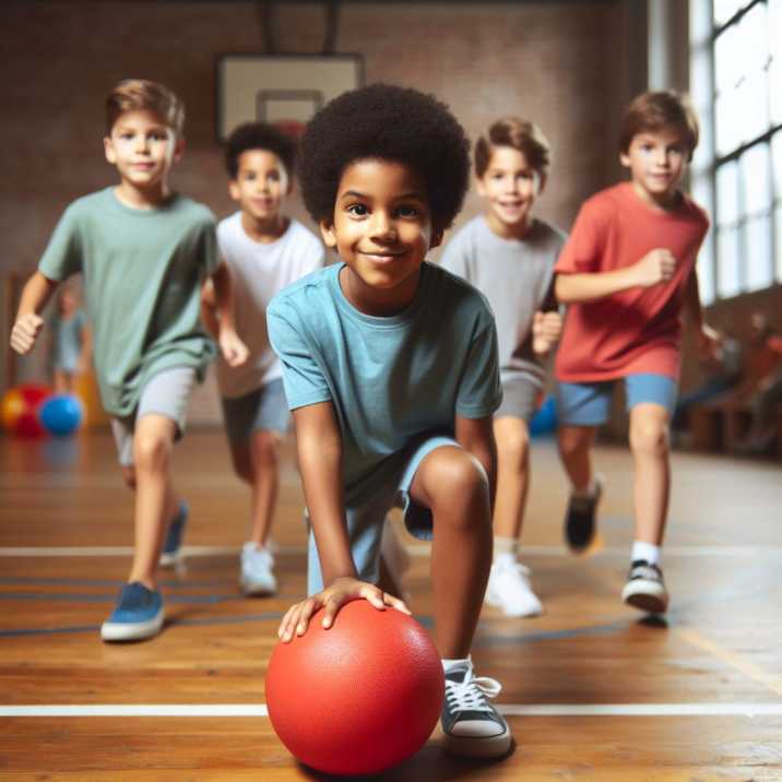 A group of children playing dodgeball in a gymnasium.