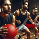 A group of diverse individuals playing dodgeball in a gymnasium