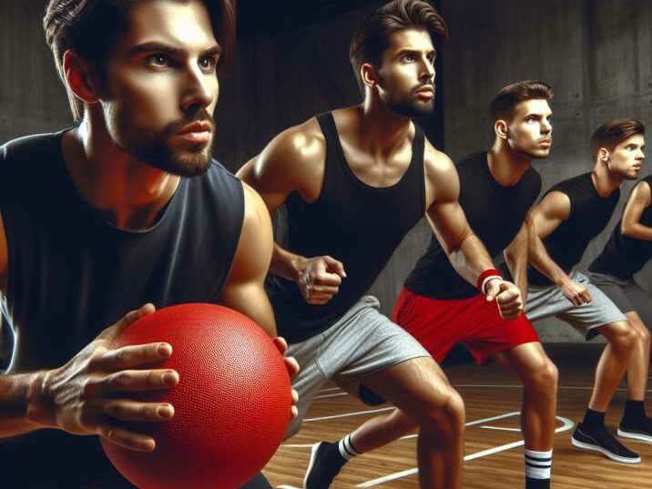 A group of diverse individuals playing dodgeball in a gymnasium