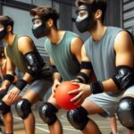 Group of dodgeball players wearing protective gear during a game in a gymnasium