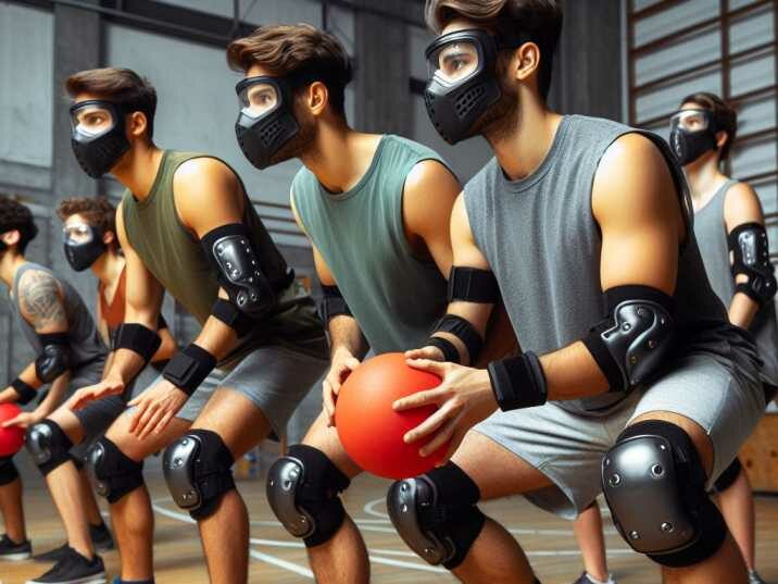 Group of dodgeball players wearing protective gear  during a game in a gymnasium