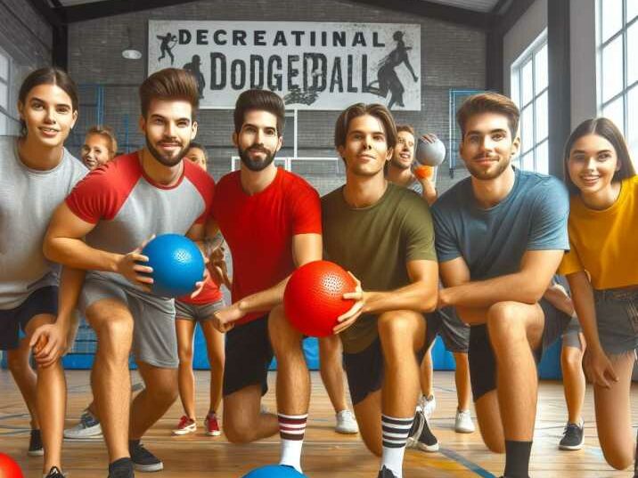 Group of people playing dodgeball in a gymnasium.