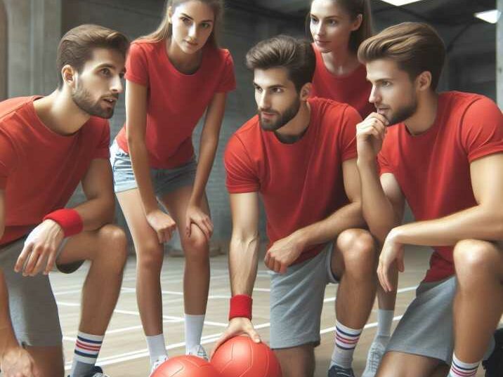 Team strategizing during a dodgeball match