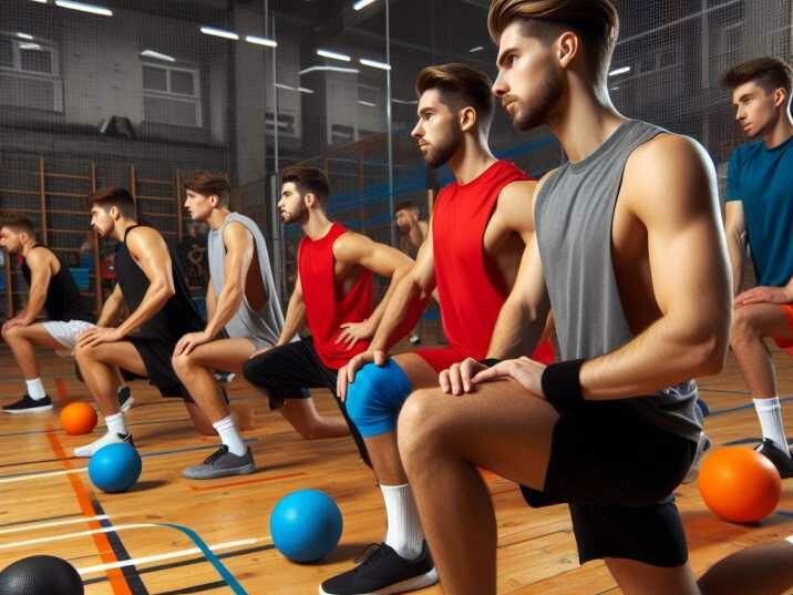 Dodgeball players participating in dynamic warm-up exercises before a game.