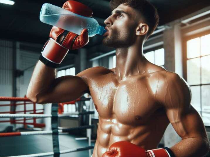 A boxer drinking water from a sports bottle during training