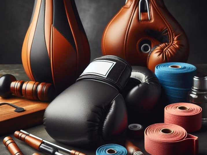 Various boxing equipment including gloves, hand wraps, and punching bag.