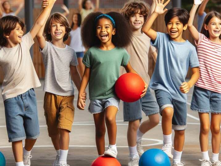 A group of diverse children playing dodgeball together, smiling and high-fiving each other.