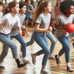 Group of diverse students playing dodgeball in a gymnasium.