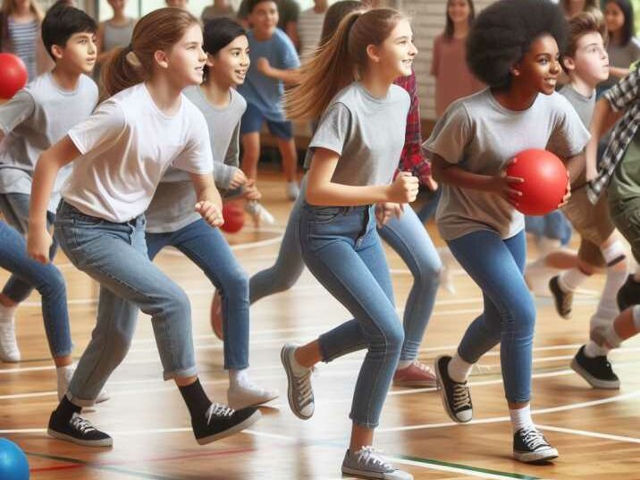 Group of diverse students playing dodgeball in a gymnasium.