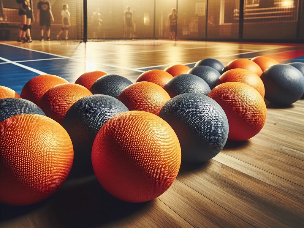 Dodgeballs arranged on a court surface for Cardiovascular Workout