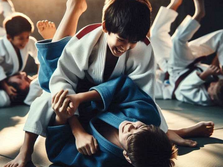 Kids learning taekwondo from an instructor in a training hall.