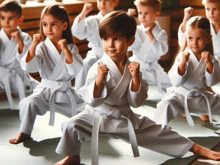 Children in karate uniforms performing martial arts techniques