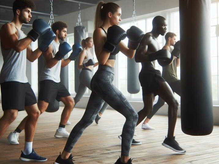 A group of people engaged in a Boxing for Fitness and Weight Loss session at a gym.