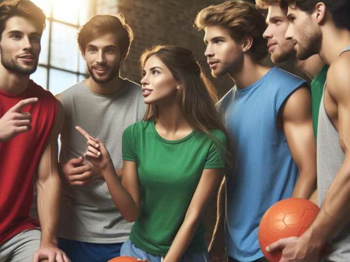 A team of players strategizing and communicating during a dodgeball game.