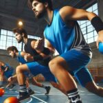 Dodgeball players practicing agility drills on the court