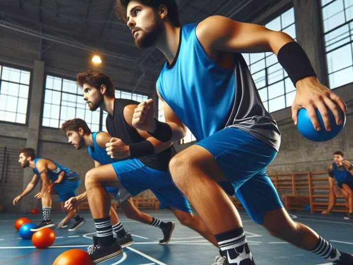 Dodgeball players practicing agility drills on the court