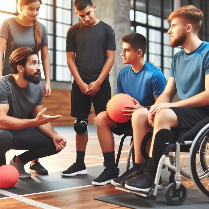 Coach and players discussing inclusivity on dodgeball court.