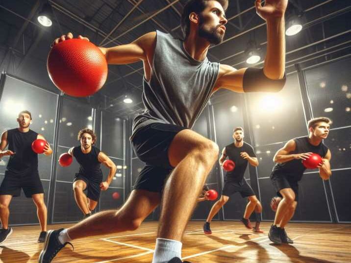 A group of dodgeball players engaged in a game, dodging incoming balls. players are trying to step out of bounds in dodgeball