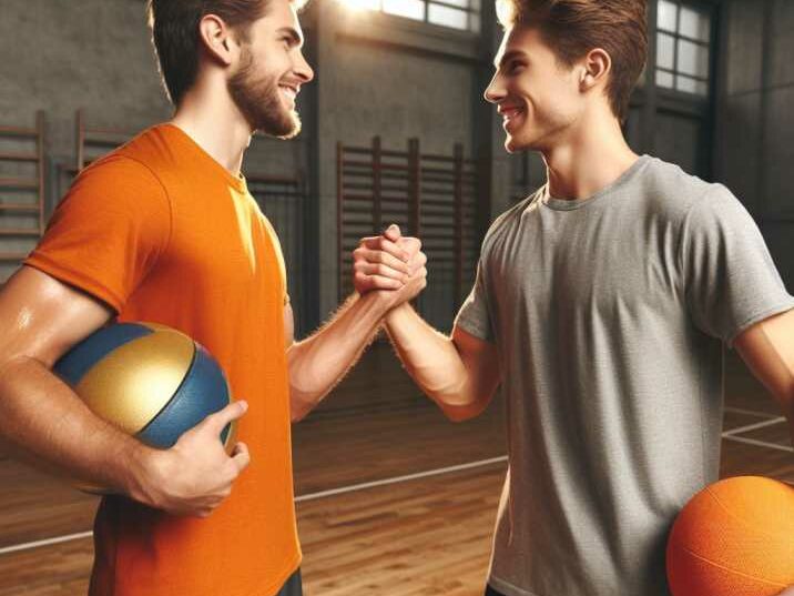 Aggressive Players shaking hands and exchanging smiles after a game of dodgeball 