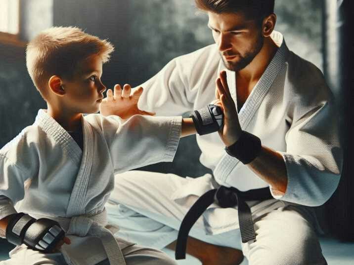 Child practicing martial arts with instructor.