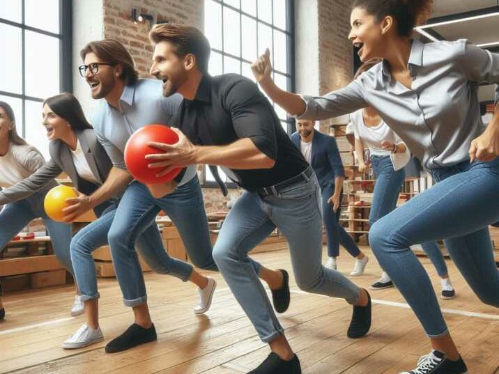 Group of diverse colleagues playing dodgeball forTeam Building Activities