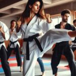 A group of martial artists practicing kicks and punches in a dojo.