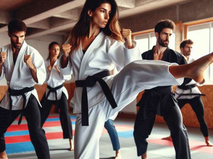 A group of martial artists practicing kicks and punches in a dojo.